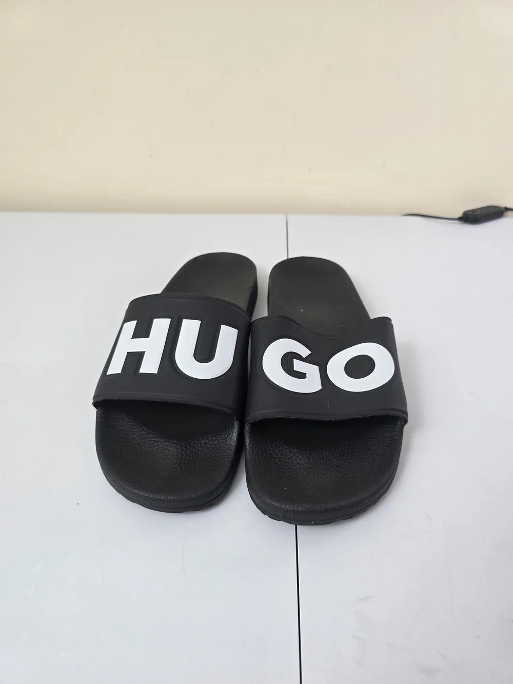 HUGO Black Slide Sandals with White Logo